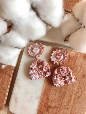 Glazed Terracotta polymer clay floral sunflower earrings, fall earrings, frosted terra cotta, floral textured earrings, modern earrings - image3